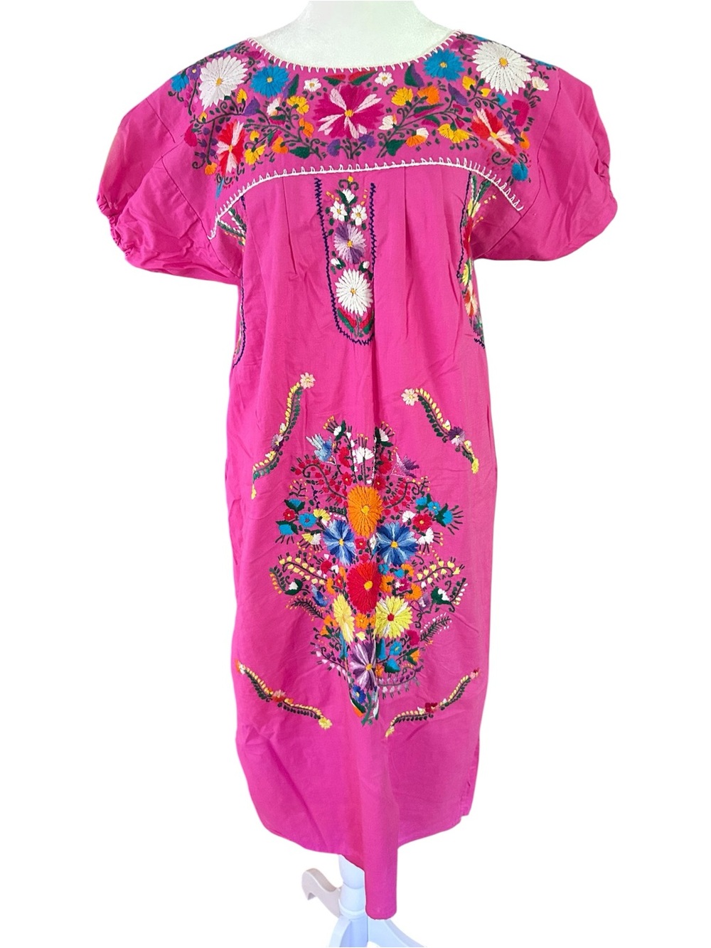 Mexican bohemian Embroidered Floral Dress Pink Boho Midi Oaxaca Style S/M - Picture 2 of 4